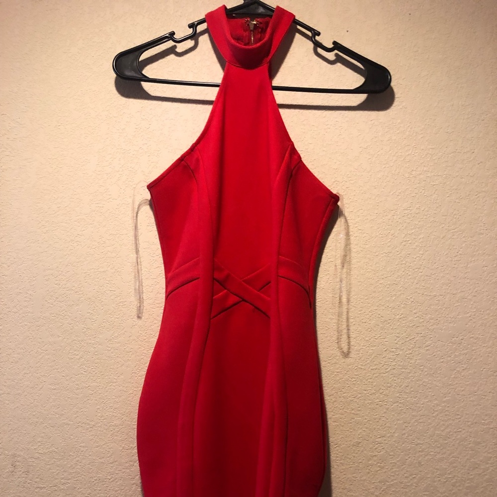 Red mini mock neck cocktail bodycon dress
